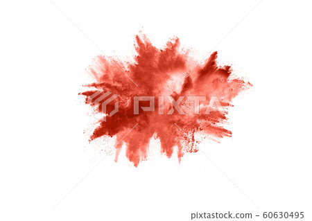 living coral color powder explosion on white background. Colored cloud. Colorful dust explode. Paint Holi. 60630495