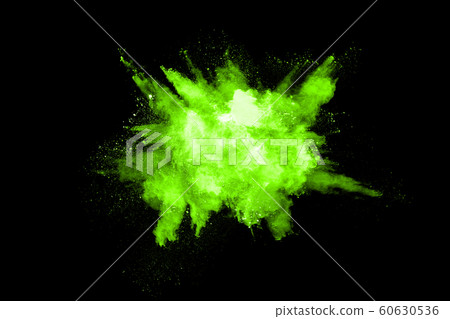 The movement of abstract dust explosion frozen green on black background. Stop the movement of powdered green on black background. Explosive powder green on black background. 60630536
