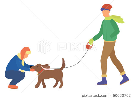People Walking with Dog in Winter Park Vector 60630762