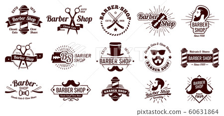 Vintage barber badges. Gentleman haircut styling, barbershop razor and shave salon. Mans hair haircuts badge vector illustration set 60631864