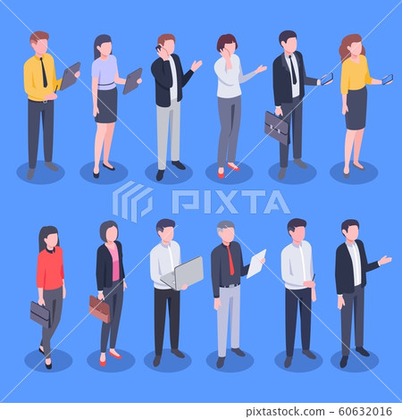 Isometric business office people. Bank employee, corporate businessman and businesswoman vector illustration set 60632016