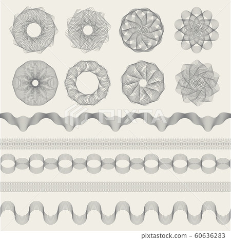 Guilloche graphics. Vintage engraving waves for coupons money banknotes or certificate signs vector collection shapes Guilloche graphics. Vintage engraving waves for coupons money banknotes or certificate signs vector collection shapes 60636283