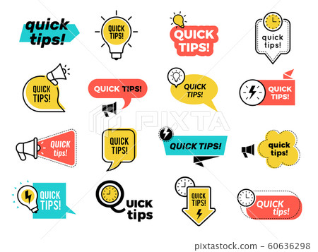 Quick tips badges. Graphic stickers ideas reminders quickly thinks solutions learning logos vector collection 60636298