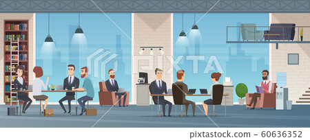 Coworking center. Open space business center interior work place environment vector cartoon background Coworking center. Open space business center interior work place environment vector cartoon background 60636352