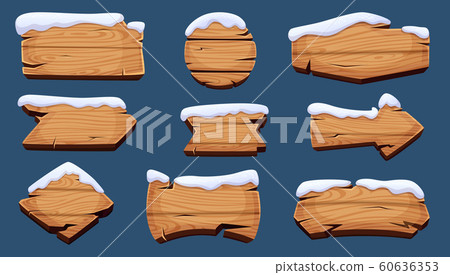Winter sign boards. Wooden season banners with snow cap vector christmas decoration Winter sign boards. Wooden season banners with snow cap vector christmas decoration 60636353