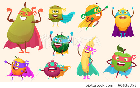 Superheroes fruits collection. Characters healthy vegetables comics style action poses garden food vector mascot collection Superheroes fruits collection. Characters healthy vegetables comics style action poses garden food vector mascot collection 60636355