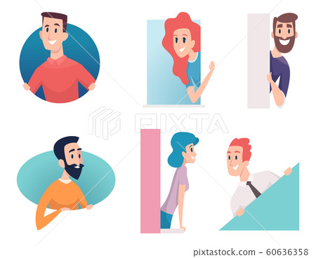 People peeking out. Man woman kids in framework look and standing balcony in house vector characters People peeking out. Man woman kids in framework look and standing balcony in house vector characters 60636358
