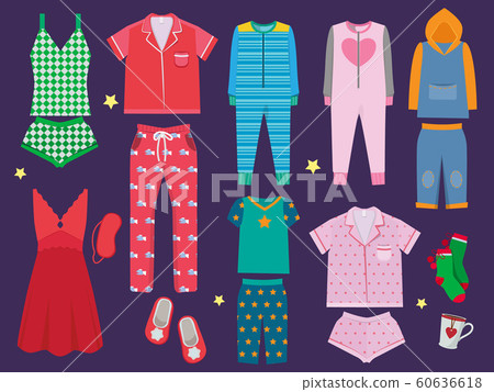 Pajamas set. Sleeping clothes collection for children and adults sleepwear textile vector colored cartoon illustrations 60636618