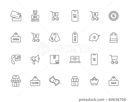 Market online icon. E commerce business purchasing app payments price basket promo coupon vector line pictures 60636706