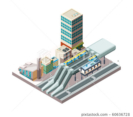 Railway station. Metro train urban public transport in city architecture viaduct vector isometric buildings 60636728
