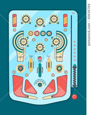 Pinball machine. Funny game ball spare strike childhood emotions boules button decorative vector graphic design pinball board template Pinball machine. Funny game ball spare strike childhood emotions boules button decorative vector graphic design pinball board template 60636769