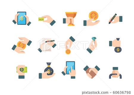 Hands holding. Business items money paper calculator pen clock bulb briefcase contacts documents vector flat symbols Hands holding. Business items money paper calculator pen clock bulb briefcase contacts documents vector flat symbols 60636798