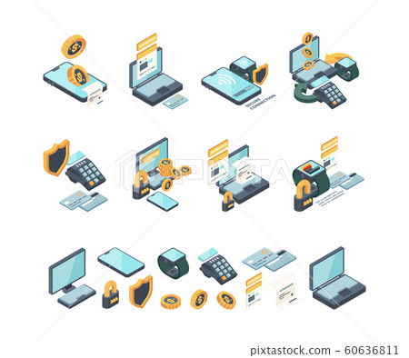 Digital payment. Online internet banking mobile checking bills electronic mobility cards wallets vector isometric collection Digital payment. Online internet banking mobile checking bills electronic mobility cards wallets vector isometric collection 60636811
