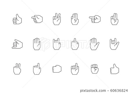 Gestures line icon. Human hands pointing and holding symbols of peace victory devil person palm and fingers vector Gestures line icon. Human hands pointing and holding symbols of peace victory devil person palm and fingers vector 60636824