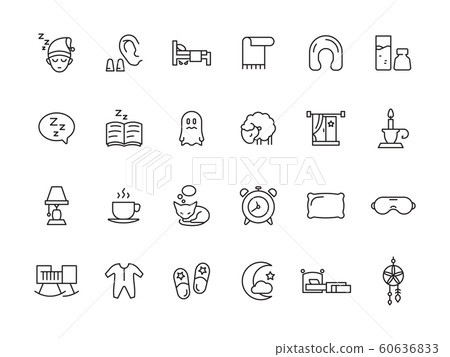 Sleeping symbols. Relax rest simple icons bed pillow clock teddy bear clouds vector sleep pictures collection 60636833