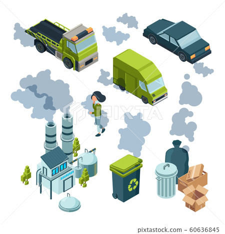 Air pollution isometric. Factory bad environment chemical garbage urban vehicle trash vector isometric 60636845
