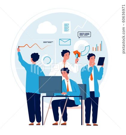 Multitask concept. Businessman making different deals and goals busy manager in action urgent tasks vector characters 60636971