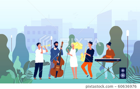 Musicians in garden. Music band performing show in park singers and musical players trees outdoor vector concept characters 60636976