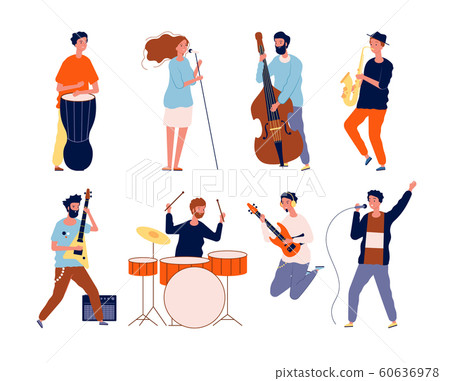 Music band characters. Rock group musicians singing and playing at instrument performing stage vector background Music band characters. Rock group musicians singing and playing at instrument performing stage vector background 60636978