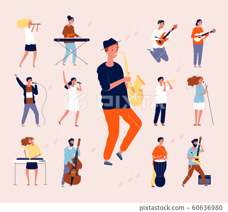 Music persons. Rock classical musical performing musicians singing and playing orchestra instruments guitar drum violin vector flat 60636980