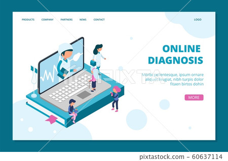 Online diagnosis landing page. Isometric doctor online web banner template. Medicine, healthcare concept with 3D people Online diagnosis landing page. Isometric doctor online web banner template. Medicine, healthcare concept with 3D people 60637114