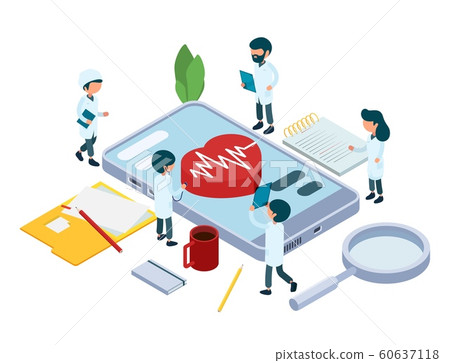 Online diagnosis concept. Isometric medical team vector illustration. Doctors and heart, smartphone healthcare app Online diagnosis concept. Isometric medical team vector illustration. Doctors and heart, smartphone healthcare app 60637118