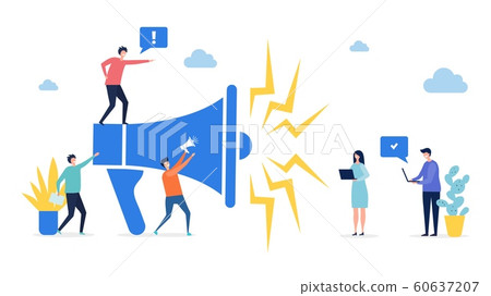 Promotion concept. Target marketing, social network advertising vector illustration. Flat tiny people with laptops and megaphone 60637207