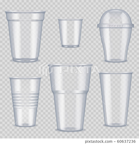 Plastic cups. Transparent empty vessel for beverage food and drinks template of plastic cups vector realistic pictures 60637236