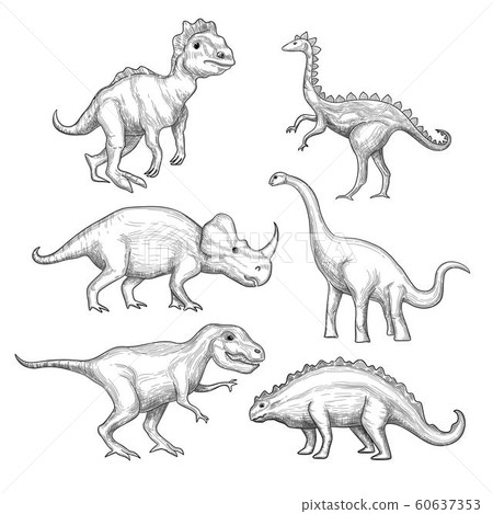 Dinosaur. Paleontology exhibition collection herbivorous extinction dinosaurs in action poses hand drawn vector 60637353