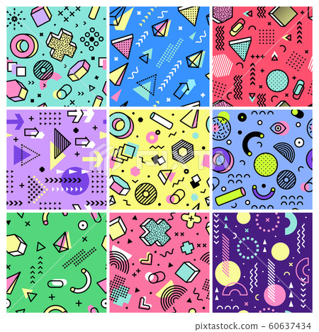 Memphis pattern. Geometrical designs abstract grunge geometrical shapes fashion 90s seamless backgrounds collection Memphis pattern. Geometrical designs abstract grunge geometrical shapes fashion 90s seamless backgrounds collection 60637434