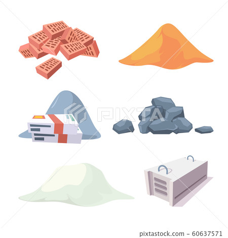 Construction material collection. Equipment for builders cement sand stones pile gypsum block bricks vector pictures Construction material collection. Equipment for builders cement sand stones pile gypsum block bricks vector pictures 60637571