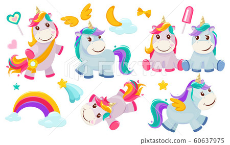 Magic unicorns. Baby little fairytale animals pony horse pink characters with rainbows for girls vector 60637975