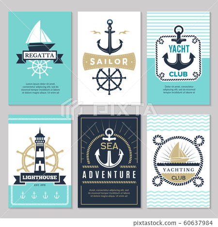Nautical cards. Marine vintage logotypes sea rope knot anchor ship ocean decorative symbols for labels background Nautical cards. Marine vintage logotypes sea rope knot anchor ship ocean decorative symbols for labels background 60637984