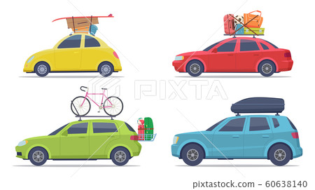 Cars with luggage. Road trip vehicle with suitcases vacation transport vector collection 60638140