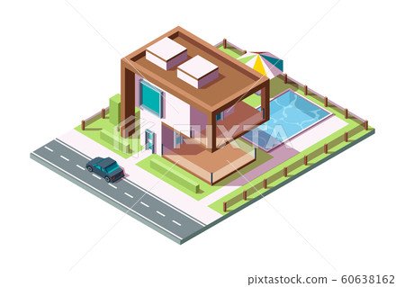 Modern private house. Luxury building residential exterior with grass car pool vector isometric home low poly 3d Modern private house. Luxury building residential exterior with grass car pool vector isometric home low poly 3d 60638162