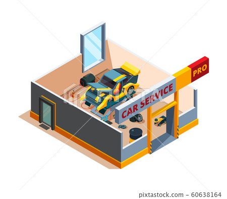 Auto service isometric. Car garage repair details cross section room automobile service vector interior 60638164