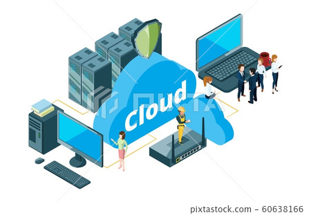 Cloud storage concept. Isometric data transfer vector illustration. Businesspeople and housewife used cloud storage 60638166