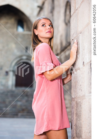 City portrait of woman near old wall City portrait of woman near old wall 60642056