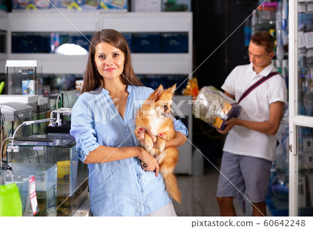 woman with dog with interest looking at aquarium in pet shop 60642248
