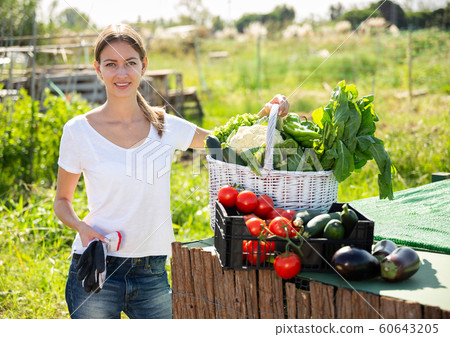Girl farmer with basket and box of vegetables in the garden Girl farmer with basket and box of vegetables in the garden 60643205
