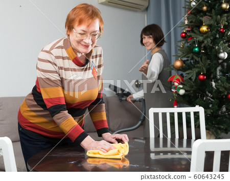 Mature woman wiping table, daughter vacuum cleaning sofa Mature woman wiping table, daughter vacuum cleaning sofa 60643245
