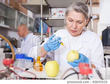 Female scientist injecting reagent into apple Female scientist injecting reagent into apple 60645010