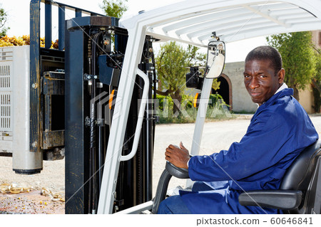 Male forklift driver unloading delivered grapes harvest from truck platform 60646841