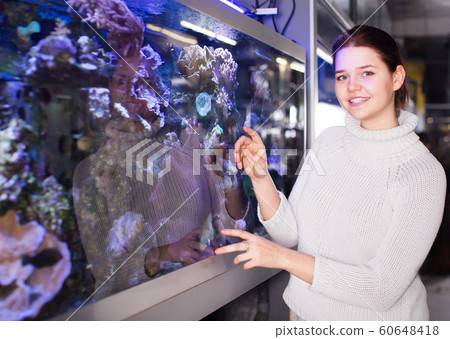 Girl shows an aquarium with sea tropical fish Girl shows an aquarium with sea tropical fish 60648418