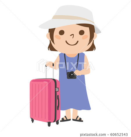 旅行者的插圖。帶著大手提箱旅行的年輕女子。 60652543