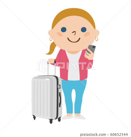 旅行者的插圖。帶著一個大手提箱旅行的年輕外國婦女。 60652544