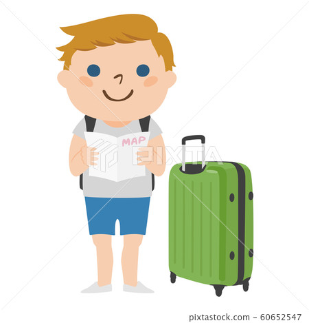 旅行者的插圖。一個年輕的外國男子，帶著大手提箱旅行。 60652547
