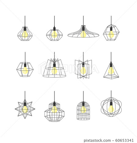 Geometric Loft Lamps Thin Line Icon Set. Vector Geometric Loft Lamps Thin Line Icon Set. Vector 60653341