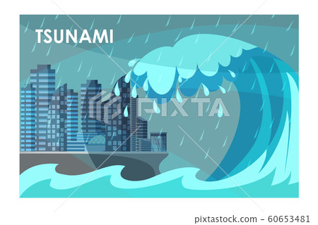 Tsunami covering city buildings flat illustration Tsunami covering city buildings flat illustration 60653481
