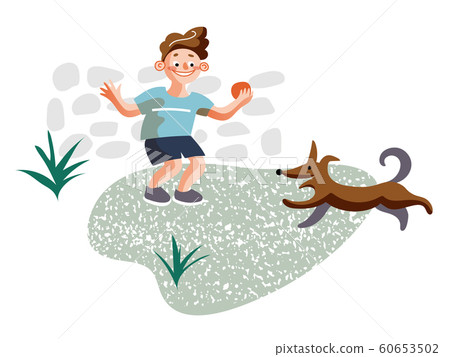Little boy playing with dog flat illustration 60653502